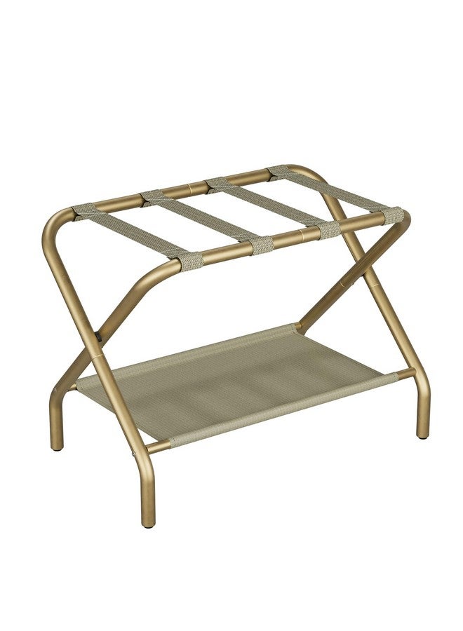 Smuxee Gold Luggage Rack, Foldable Suitcase Stand with Fabric Storage Shelf, Luggage Holder with 4 Nylon Straps for Guest Room Bedroom Hotel - Image 1