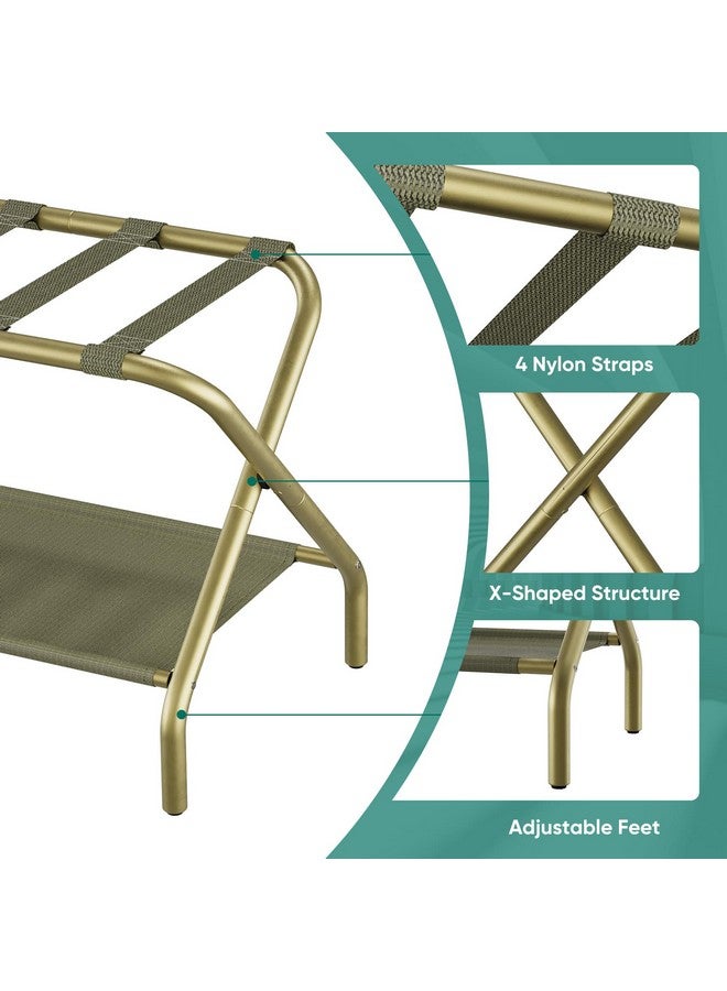 Smuxee Gold Luggage Rack, Foldable Suitcase Stand with Fabric Storage Shelf, Luggage Holder with 4 Nylon Straps for Guest Room Bedroom Hotel - Image 5