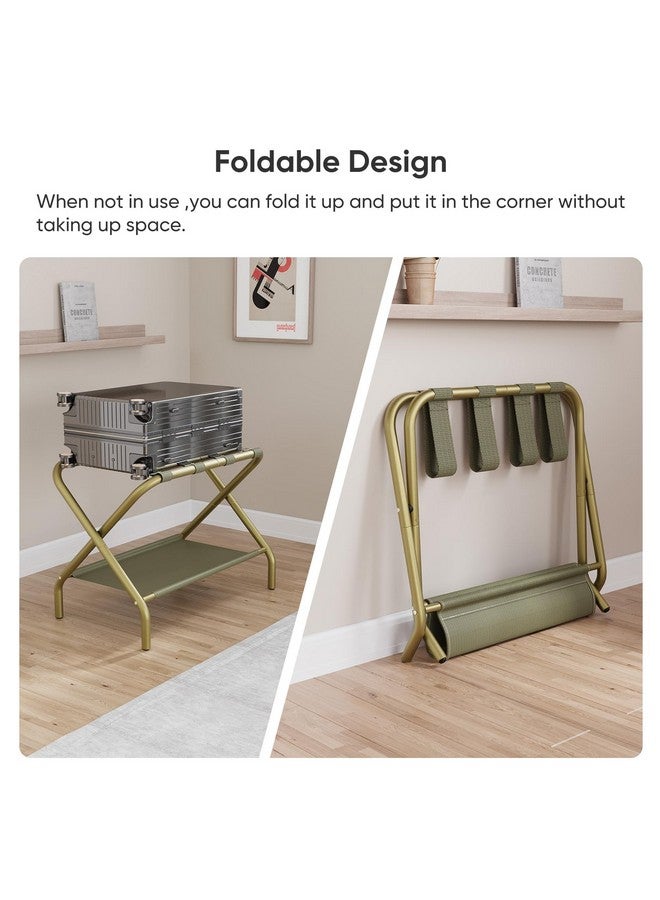 Smuxee Gold Luggage Rack, Foldable Suitcase Stand with Fabric Storage Shelf, Luggage Holder with 4 Nylon Straps for Guest Room Bedroom Hotel - Image 3