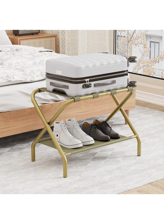 Smuxee Gold Luggage Rack, Foldable Suitcase Stand with Fabric Storage Shelf, Luggage Holder with 4 Nylon Straps for Guest Room Bedroom Hotel - Image 2