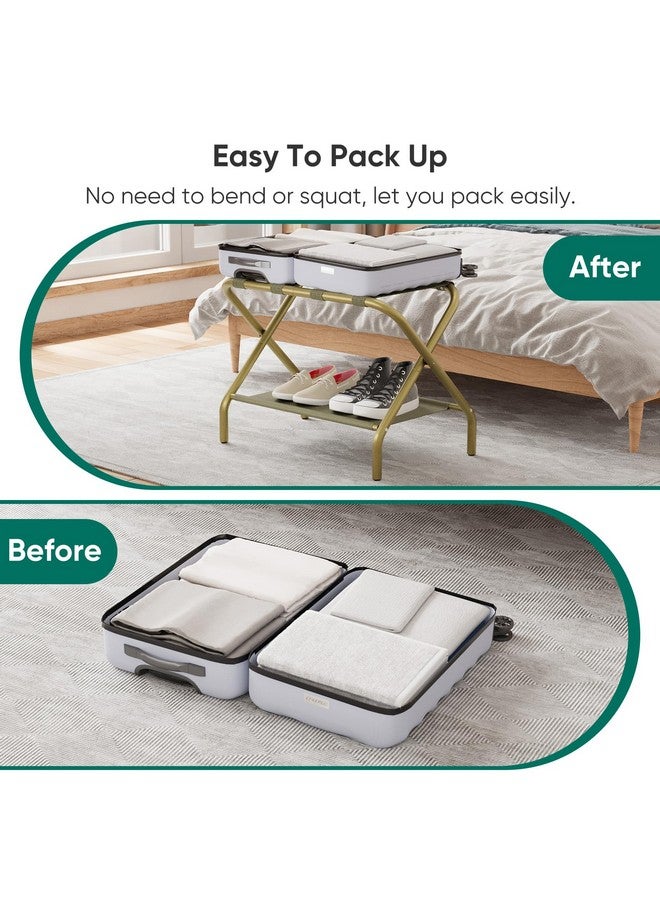 Smuxee Gold Luggage Rack, Foldable Suitcase Stand with Fabric Storage Shelf, Luggage Holder with 4 Nylon Straps for Guest Room Bedroom Hotel - Image 4