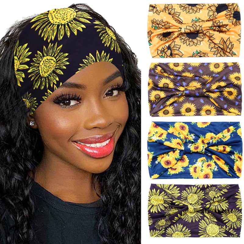 Urieo 4 Pcs Boho Knotted Head Band for Women Printed Turban Headbands Yoga Workout Sunflower Wide Stretch Hair Bands