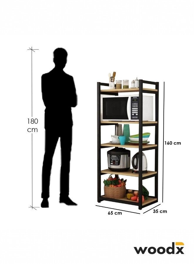 woodx 5-Tier Steel Kitchen Storage Rack – Wood Look Shelves – Multipurpose Microwave Stand Organizer  - Image 2