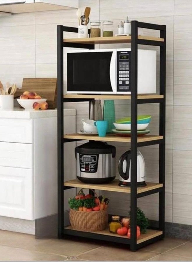 woodx 5-Tier Steel Kitchen Storage Rack – Wood Look Shelves – Multipurpose Microwave Stand Organizer  - Image 1