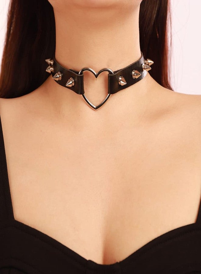 Wiwpar Punk Black PU Leather Spike Heart Choker Necklace Goth Choker Spike Studded Leather Collar Choker Necklace Halloween Goth Gift for Women Men (Style3) - Image 2