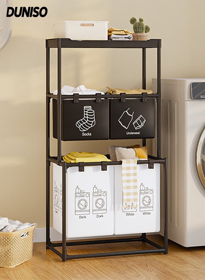 DUNISO 3-Tier Waterproof Laundry Hamper,Dirty Clothes Storage Basket  with Top Shelf and Removable Bags,4 Sections Sorter Organizer, Suitable For Bedroom , Bathroom , Balcony - Image 1