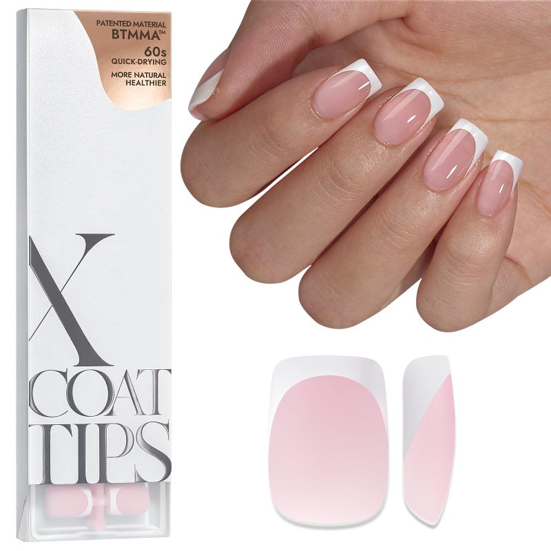 BTArtboxnails XCOATTIPS أظافر فرنسية قصيرة قابلة للضغط 160 قطعة أظافر جيل ناعمة وردية مربعة مع برايمر مسبق التطبيق وطبقة أساسية بدون حاجة للتقشير أظافر مزيفة كهدية 16 حجم