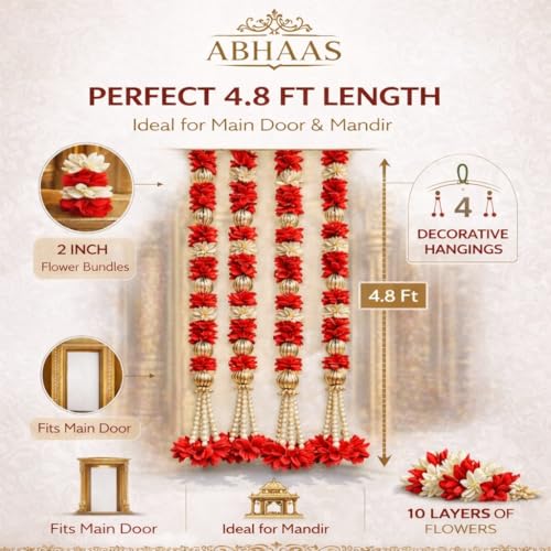 Abhaas Decorative Hanging for Main Door | Pooja Room & Mandir Decoration | 4Pcs Wall Hanging | Home Entrance Decor | Festival Garlands for Diwali, Wedding & Traditional Door Decor (RED Hanging) - Image 2