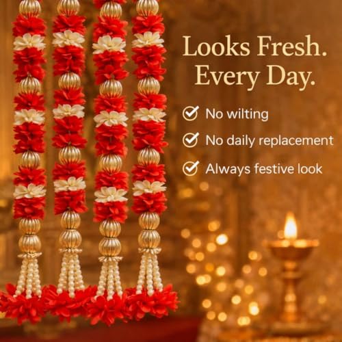 Abhaas Decorative Hanging for Main Door | Pooja Room & Mandir Decoration | 4Pcs Wall Hanging | Home Entrance Decor | Festival Garlands for Diwali, Wedding & Traditional Door Decor (RED Hanging) - Image 4