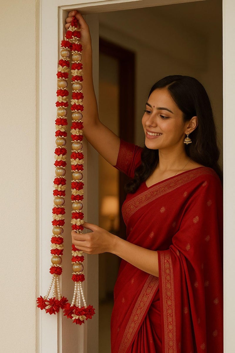 Abhaas Decorative Hanging for Main Door | Pooja Room & Mandir Decoration | 4Pcs Wall Hanging | Home Entrance Decor | Festival Garlands for Diwali, Wedding & Traditional Door Decor (RED Hanging) - Image 5