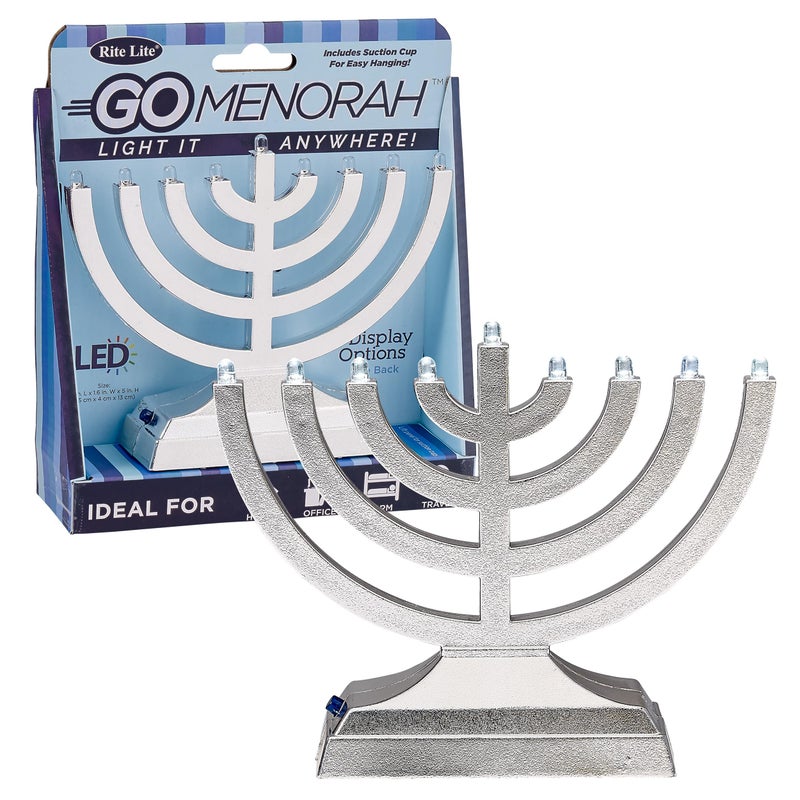 Rite Lite Rite Lite Go Mini Metallic Electric Menorah  LED BatteryUSB Powered Chanukah Jewish Holiday  Office Car Home Decorations Judaica Hanukkah Gifts Push Button Multi Light  Silver