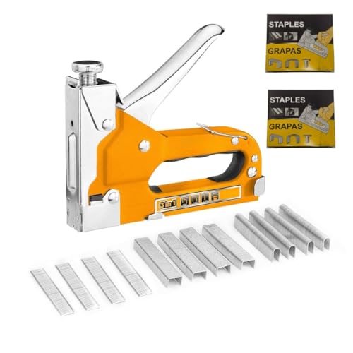 HELIMIX Heavy Duty 3-in-1 Manual Staple Gun with Staples – Adjustable Pressure Setting, Non-Slip Handle, and Quick-View Window – Upholstery, Carpentry, DIY & Woodworking Stapler Tool Kit - Image 1