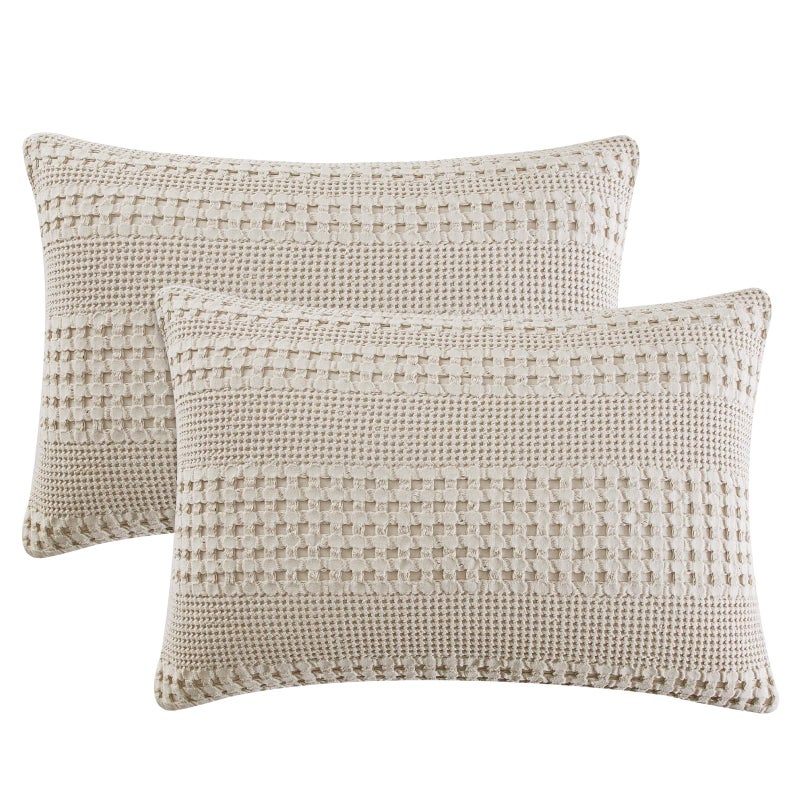 PHF PHF 100% Cotton Waffle Pillowcases Standard Size  2 Pack Soft Breathable Skin-Friendly Pillow Sham  Aesthetic Decorative Waffle Weave Pillow Case Covers  20"" X 26""  No Filling  Oatmeal  - Image 1