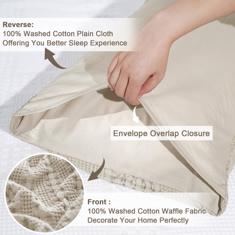 PHF PHF 100% Cotton Waffle Pillowcases Standard Size  2 Pack Soft Breathable Skin-Friendly Pillow Sham  Aesthetic Decorative Waffle Weave Pillow Case Covers  20"" X 26""  No Filling  Oatmeal  - Image 4