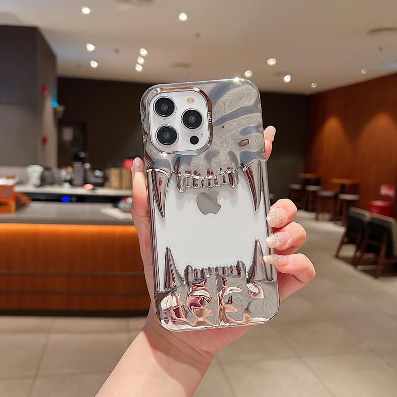 US LITE Shockproof Designer 3D Fangs Case for iPhone 15 Pro Max | Metallic Chrome | Precise Cutouts | Anti-Scratch Grip | Full Camera Protection and Stylish Look - Silver - Image 1