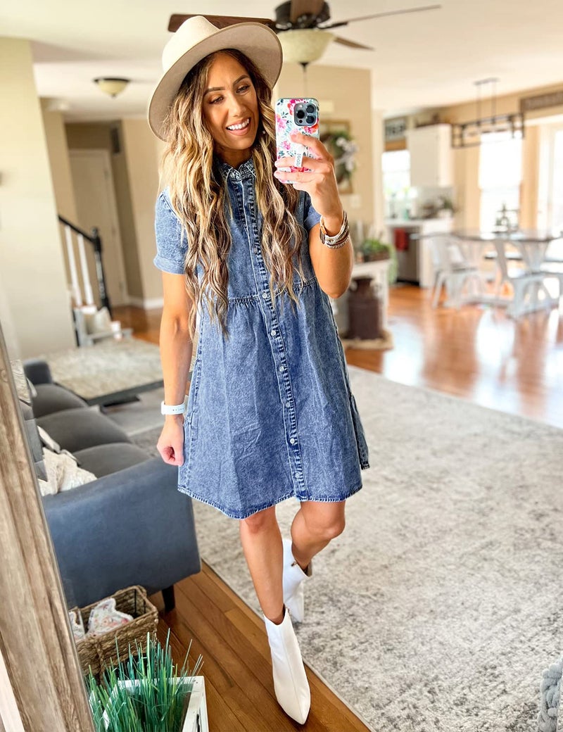 LookbookStore Women Denim Dress for Summer Babydoll Jean Dress Button Down Short Sleeve Denim Dress Tiered Flowy Dress Loose Jean Dress Reef Blue Denim Babydoll Dress Size S Size 4 6 - Image 3