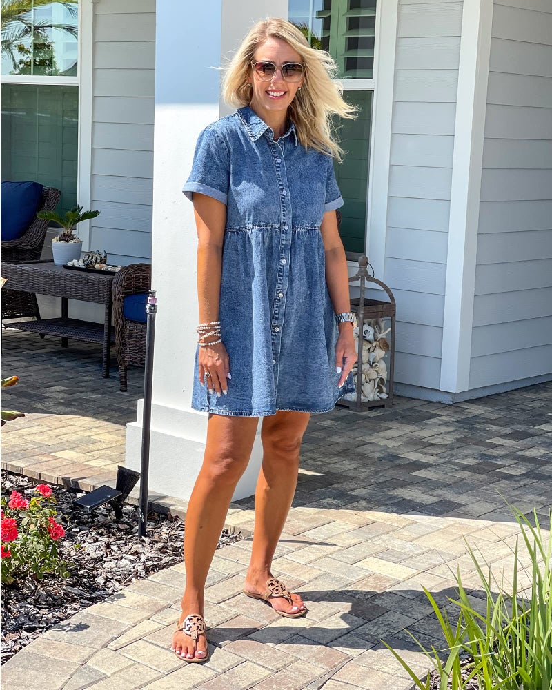 LookbookStore Women Denim Dress for Summer Babydoll Jean Dress Button Down Short Sleeve Denim Dress Tiered Flowy Dress Loose Jean Dress Reef Blue Denim Babydoll Dress Size S Size 4 6 - Image 5