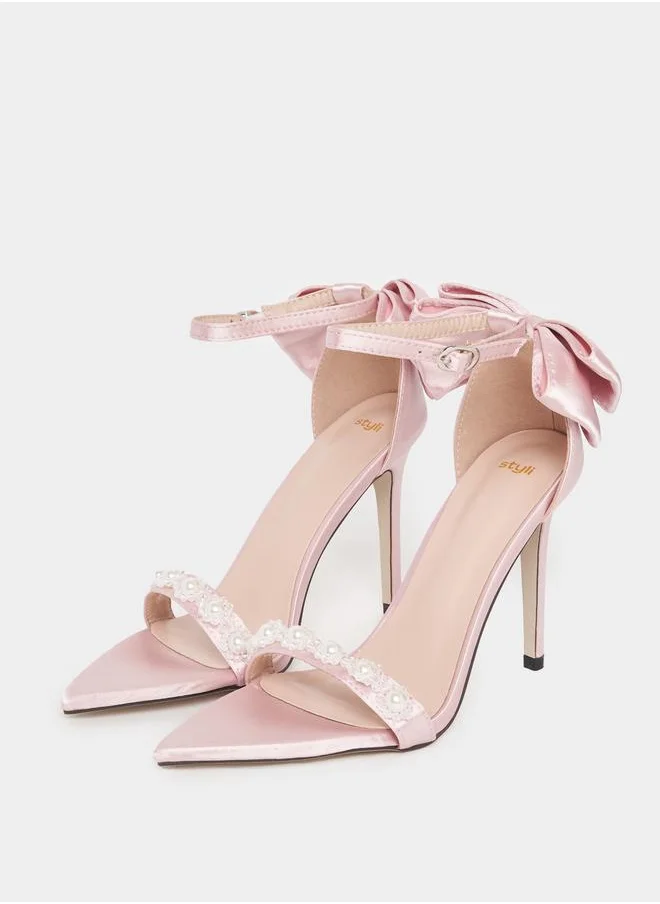 Styli Bow & Pearl Decor Ankle Strap Stiletto Sandals