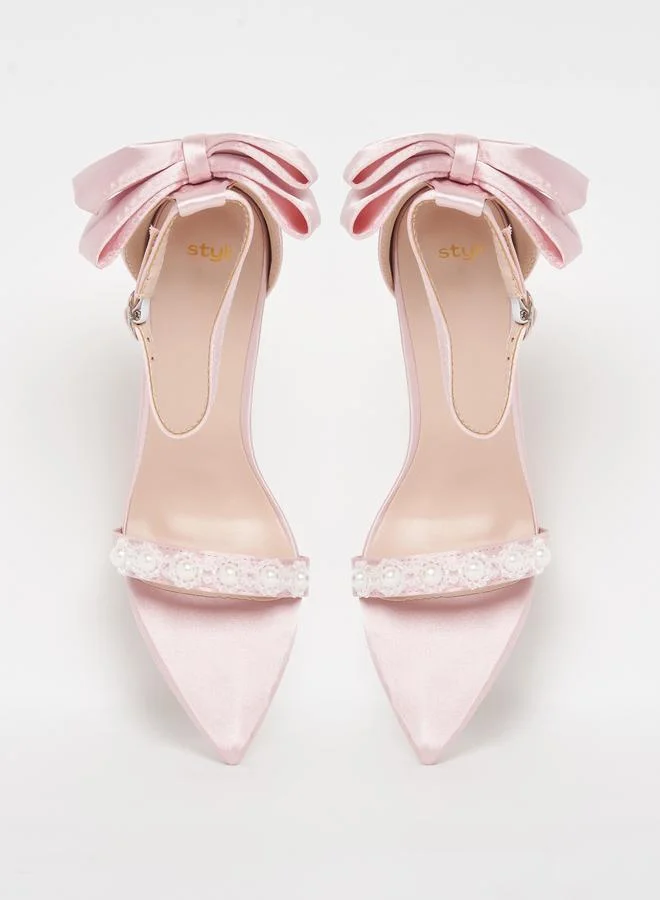 Styli Bow & Pearl Decor Ankle Strap Stiletto Sandals