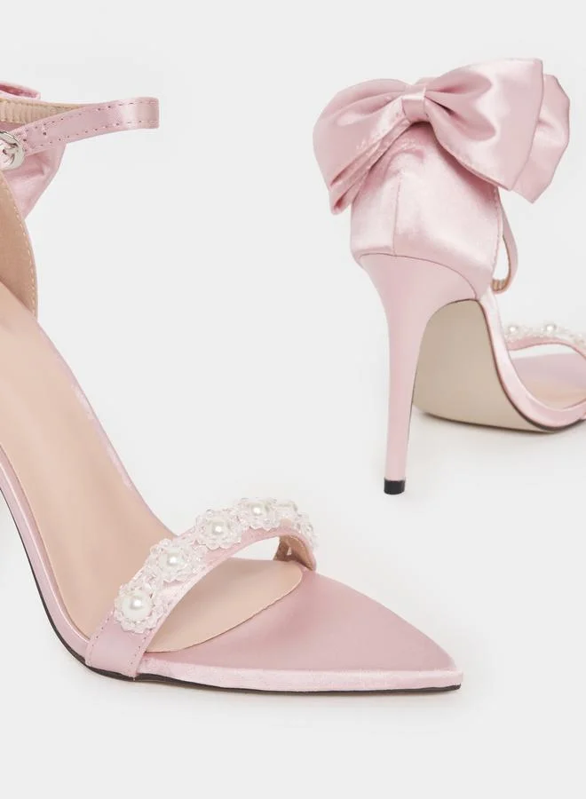 Styli Bow & Pearl Decor Ankle Strap Stiletto Sandals