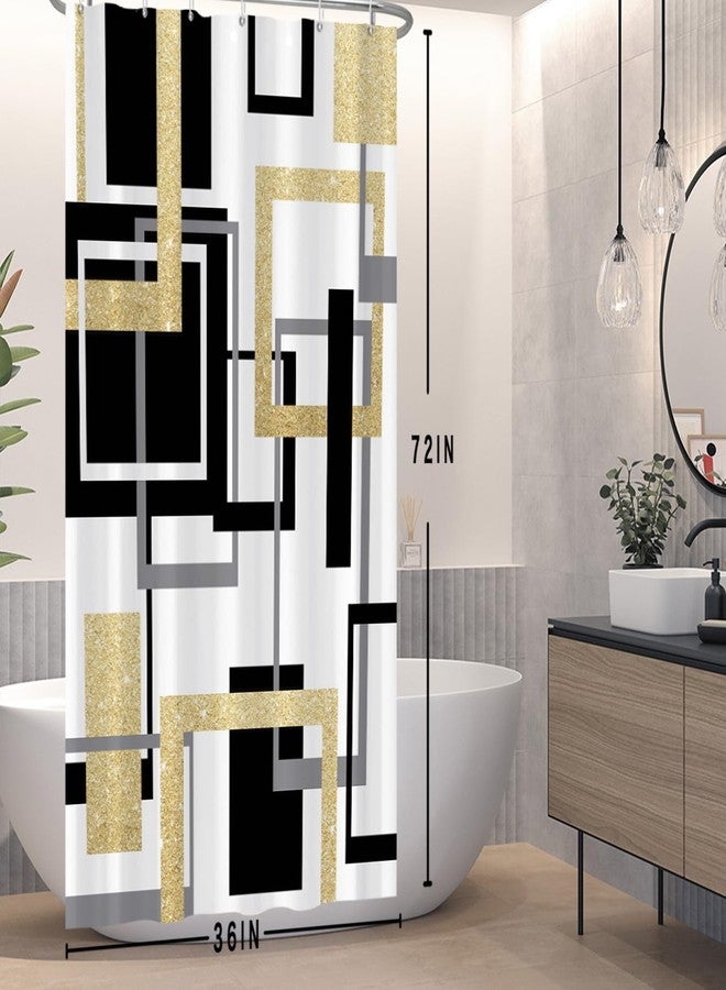 ستارة حمام عصرية هندسية من باوتشيكو، باللون الأسود والأبيض والذهبي، بنقوش مربعات هندسية، ستارة حمام بتصميم تجريدي مستوحى من منتصف القرن، مناسبة لديكور الحمامات الريفية والفنادق والمنازل، ستارة مقاومة للماء مع خطافات، مقاس 36 × 72 بوصة - Image 2