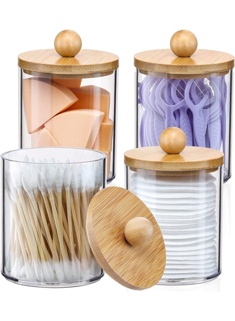 4 Pack Qtip Holder Dispenser with Bamboo Lids - 10 oz Clear Plastic Apothecary Jar Containers for Vanity Makeup Organizer Storage - Bathroom Accessories Set for Cotton Swab, Ball, Pads, Floss - Image 1