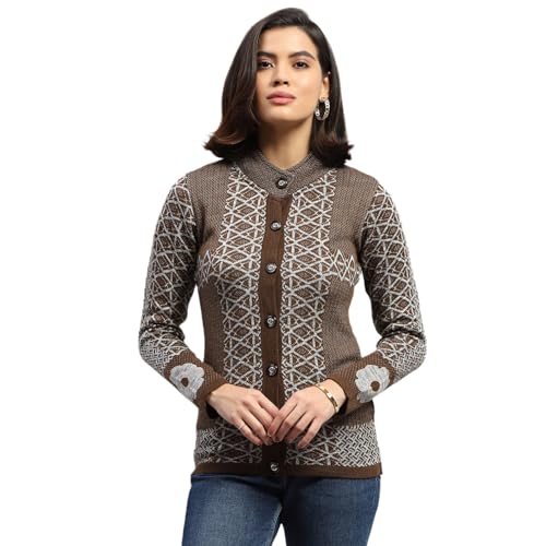 Monte Carlo Womens Jacquard Brown Round Neck Full Sleeve Cardigan (1243622RN-2-40) - Image 1