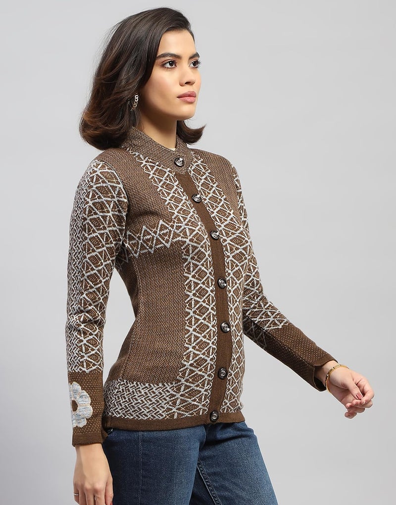 Monte Carlo Womens Jacquard Brown Round Neck Full Sleeve Cardigan (1243622RN-2-40) - Image 3
