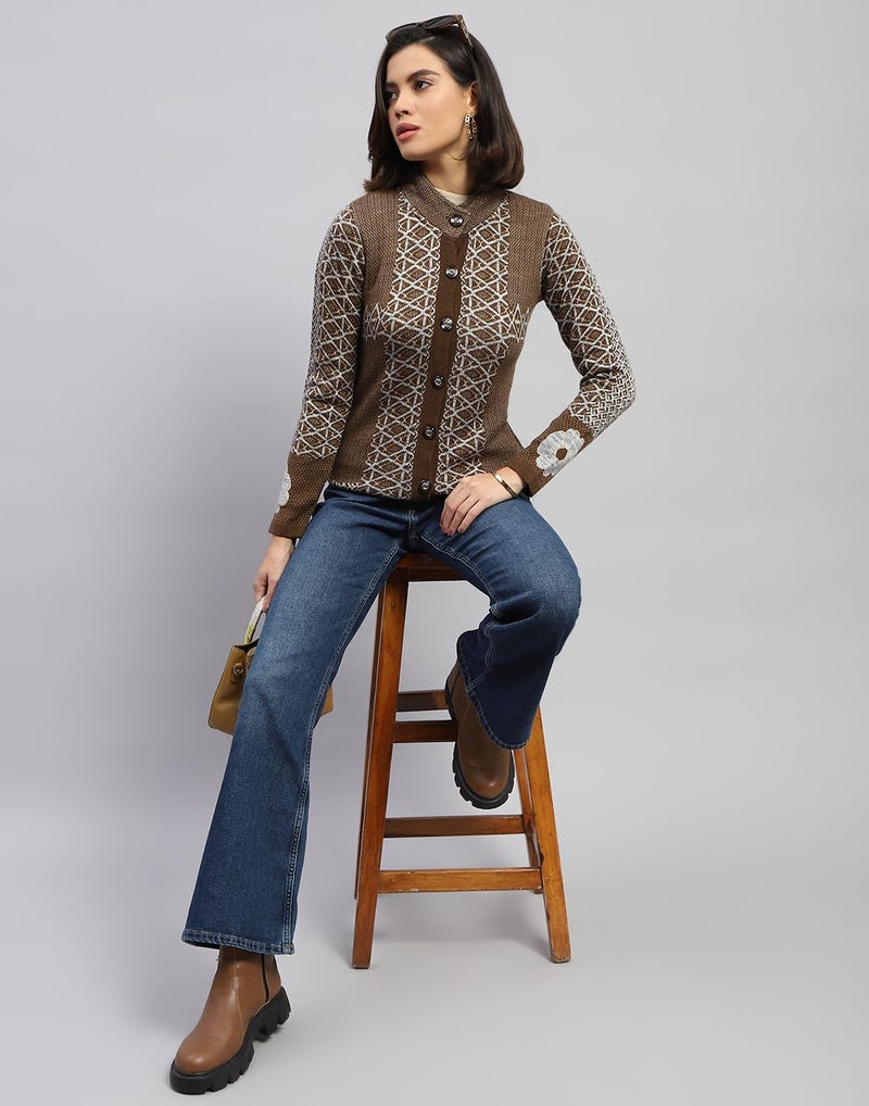 Monte Carlo Womens Jacquard Brown Round Neck Full Sleeve Cardigan (1243622RN-2-40) - Image 5