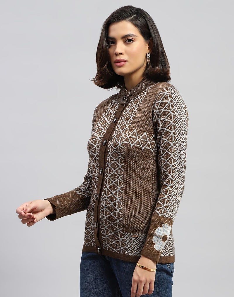 Monte Carlo Womens Jacquard Brown Round Neck Full Sleeve Cardigan (1243622RN-2-40) - Image 2