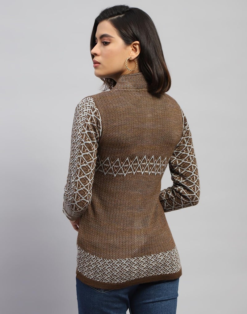 Monte Carlo Womens Jacquard Brown Round Neck Full Sleeve Cardigan (1243622RN-2-40) - Image 4