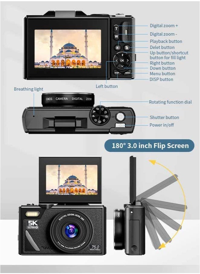 Generic - 5K Digital Camera for Photography, 75MP Vlogging Camera for YouTube with 3" 180° Flip Screen, 18X Digital Zoom Point and Shoot Camera with 64GB Micro SD Card and 2 Batteries for Beginner (Black) - Image 1