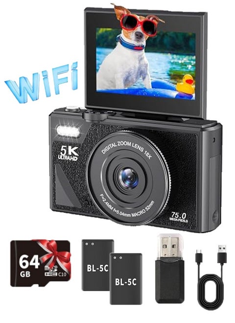 5K Digital Camera for Photography, 75MP Vlogging Camera for YouTube with 3" 180° Flip Screen, 18X Digital Zoom Point and Shoot Camera with 64GB Micro SD Card and 2 Batteries for Beginner (Black)