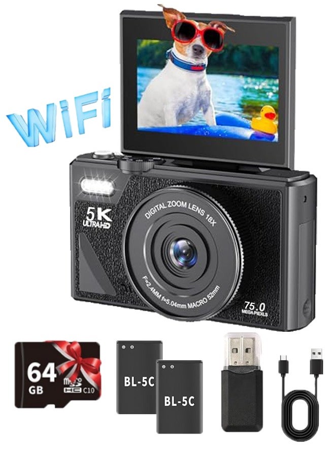Generic 5K Digital Camera for Photography, 75MP Vlogging Camera for YouTube with 3" 180° Flip Screen, 18X Digital Zoom Point and Shoot Camera with 64GB Micro SD Card and 2 Batteries for Beginner (Black)  - Image 1
