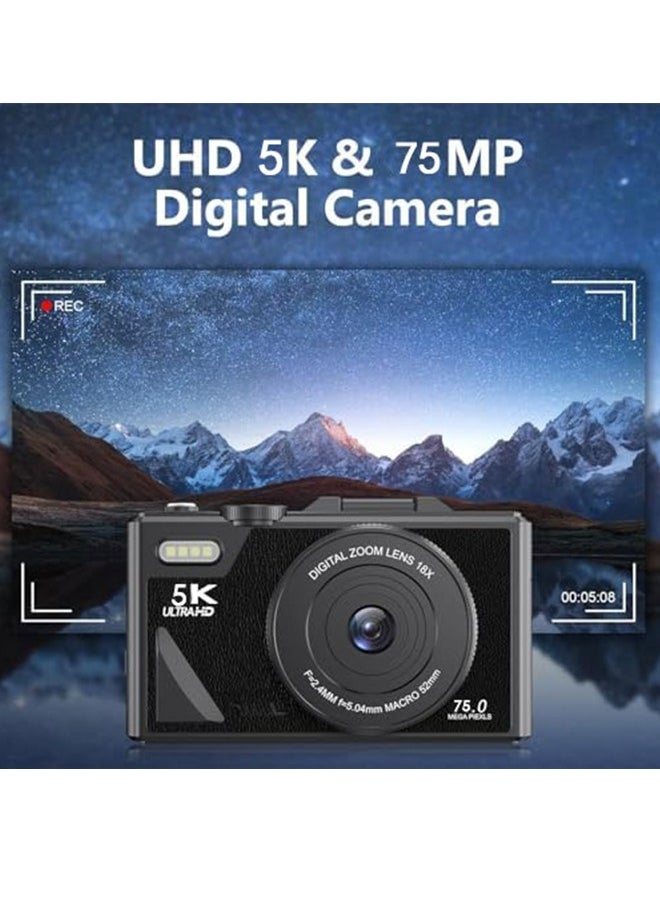 Generic 5K Digital Camera for Photography, 75MP Vlogging Camera for YouTube with 3" 180° Flip Screen, 18X Digital Zoom Point and Shoot Camera with 64GB Micro SD Card and 2 Batteries for Beginner (Black)  - Image 3