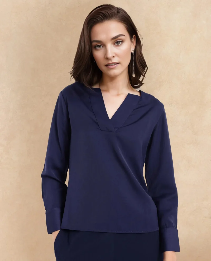 Rareism Rareism Women Shami Navy Cuffed Sleeve V-Neck Plain Top