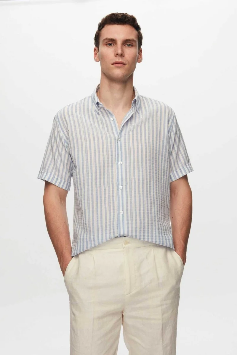 D'S DAMAT Slim Fit Blue Seersucker Striped Short Sleeve Summer Shirt 8HC02ORT04265