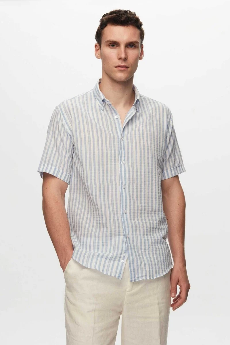 D'S DAMAT Slim Fit Blue Seersucker Striped Short Sleeve Summer Shirt 8HC02ORT04265