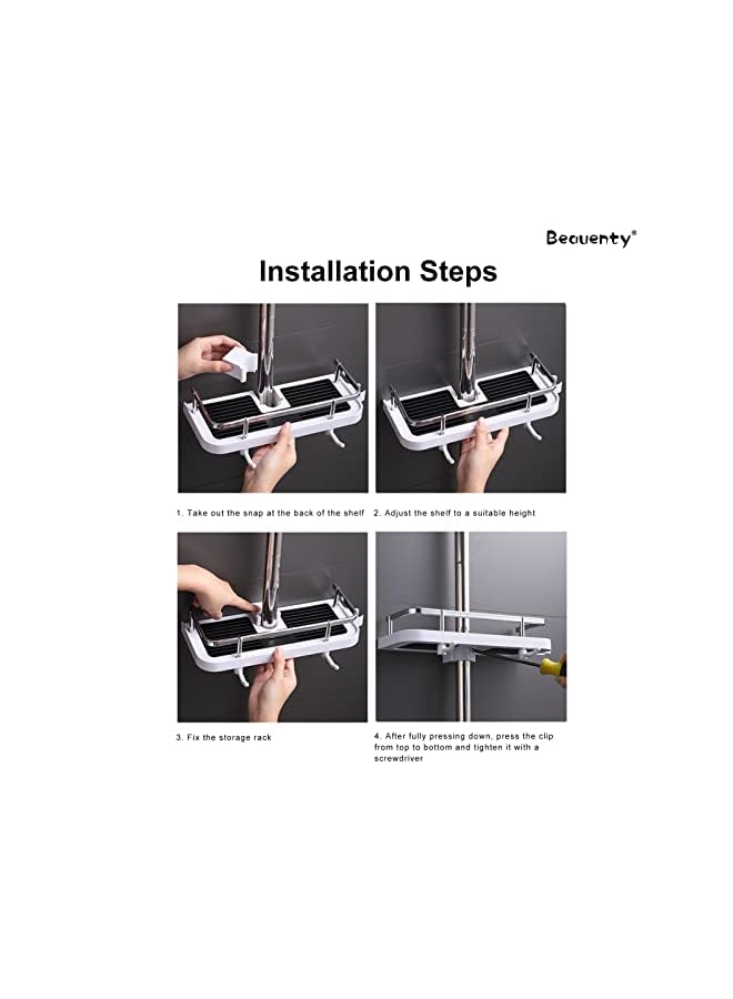Raxoom No Drilling Lifting Rod Shower Head Holder，Shower Caddy Shelf for Slide Bar，Shower Rack For Shower Rod，Adjustable Shower Caddy with Stainless Steel Guardrail and Hanging Hooks (Style 1) - Image 4