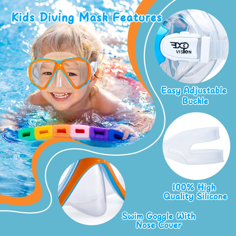 EXP VISION Kids Snorkel Diving Mask 180° Anti-Fog Child Swim Mask, Tempered Glass Swim Goggles with Nose Cover Anti-Leak Swim Goggles for Swimming Diving Snorkeling for 4-14 Boys Girls Youth (Orange) - Image 4