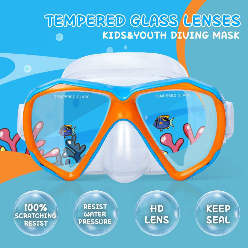 EXP VISION Kids Snorkel Diving Mask 180° Anti-Fog Child Swim Mask, Tempered Glass Swim Goggles with Nose Cover Anti-Leak Swim Goggles for Swimming Diving Snorkeling for 4-14 Boys Girls Youth (Orange) - Image 2