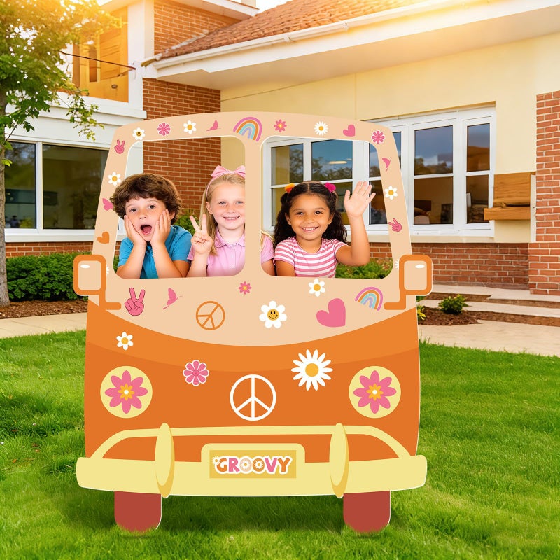 APUDWN Hippie Bus Cardboard Cutout, Large 39.76 x 47.24 in Groovy Party Decoration, Retro 60s 70s Hippie Selfie Frame Photo Booth Prop, Daisy Van Life-Size Backdrop for Groovy Hippie Boho Party Favor - Image 2