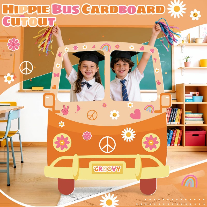 APUDWN Hippie Bus Cardboard Cutout, Large 39.76 x 47.24 in Groovy Party Decoration, Retro 60s 70s Hippie Selfie Frame Photo Booth Prop, Daisy Van Life-Size Backdrop for Groovy Hippie Boho Party Favor - Image 5