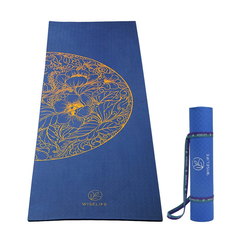 WISELIFE Thermoplastic Elastomers Printed 6Mm Yoga Mat+Yoga Strap For Men,Women,Kids|Anti-Slip Extra Thick,Long&Wide Exercise Sports Mat For Workout,Fitness,Yoga,Gym,Home&Pilates (Navy Blue Mandala) - Image 1