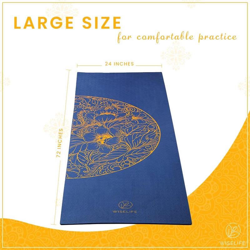 WISELIFE Thermoplastic Elastomers Printed 6Mm Yoga Mat+Yoga Strap For Men,Women,Kids|Anti-Slip Extra Thick,Long&Wide Exercise Sports Mat For Workout,Fitness,Yoga,Gym,Home&Pilates (Navy Blue Mandala) - Image 2