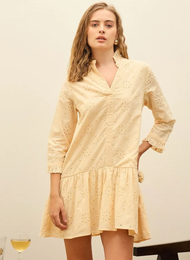 SASSAFRAS Beige Embroidered A-Line Dress for Women
