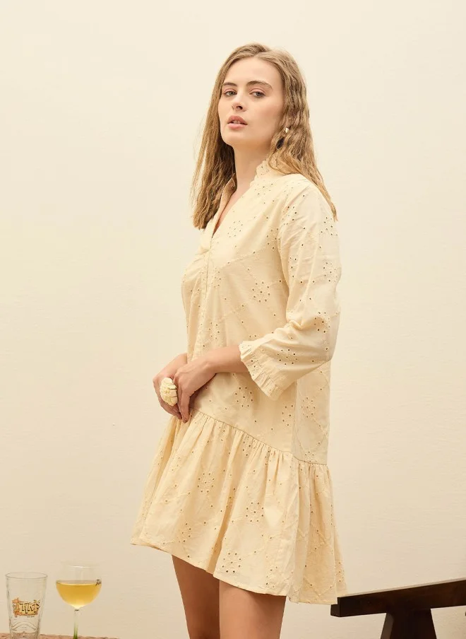 SASSAFRAS Beige Embroidered A-Line Dress for Women
