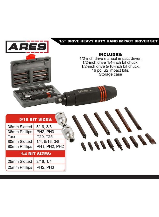 ARES 10027 – 1/2-Inch Drive Heavy Duty Hex Grip Impact Driver – 1/4-Inch & 5/16-Inch Bit Chucks – S2 Bits – Slotted 3/16, 1/4, 5/16, 3/8 Inch Bits – Phillips PH1, PH2, & PH3 Bits - T20, T25 Bits - Image 2