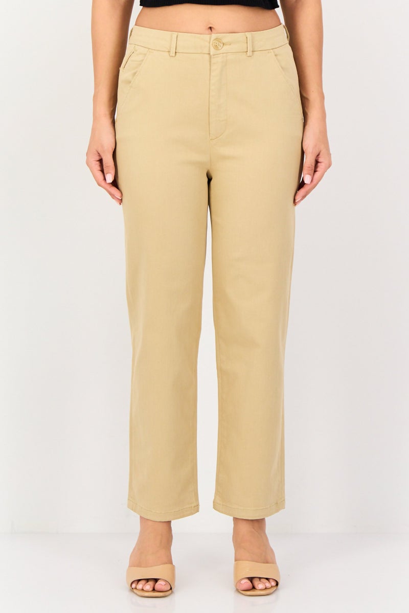 Reiko Women Cropped Fit Solid Chino Pants, Beige - Image 1