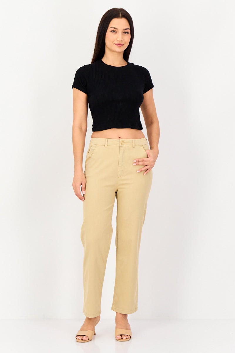 Reiko Women Cropped Fit Solid Chino Pants, Beige - Image 3